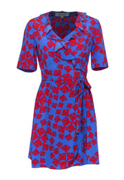 Current Boutique-Diane von Furstenberg - Blue & Red Silk Wrap Dress w/ Abstract Damask Pattern Sz 0