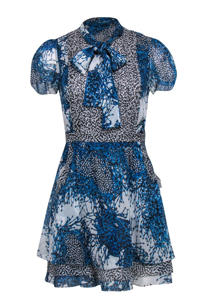 Current Boutique-Diane von Furstenberg - Blue & White Bead Printed Ruffled Tie Neck Dress Sz 0