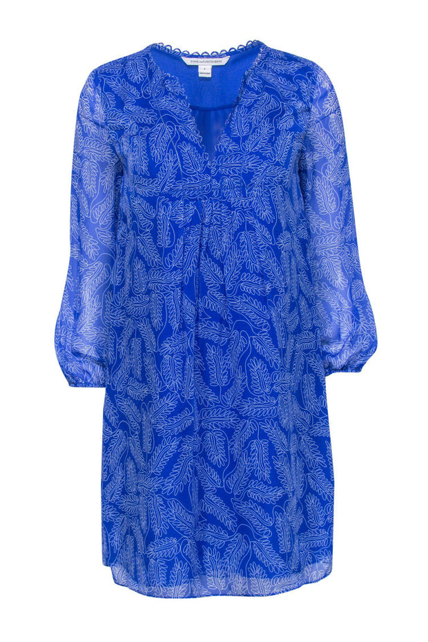 Current Boutique-Diane von Furstenberg - Blue & White Leaf Printed Shift Dress Sz 2