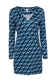 Current Boutique-Diane von Furstenberg - Blue & White Patterned Long Sleeve Silk Dress Sz 8