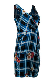 Current Boutique-Diane von Furstenberg - Blue, White & Red Plaid & Floral Print Silk Sleeveless Sheath Dress Sz 6