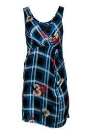 Current Boutique-Diane von Furstenberg - Blue, White & Red Plaid & Floral Print Silk Sleeveless Sheath Dress Sz 6