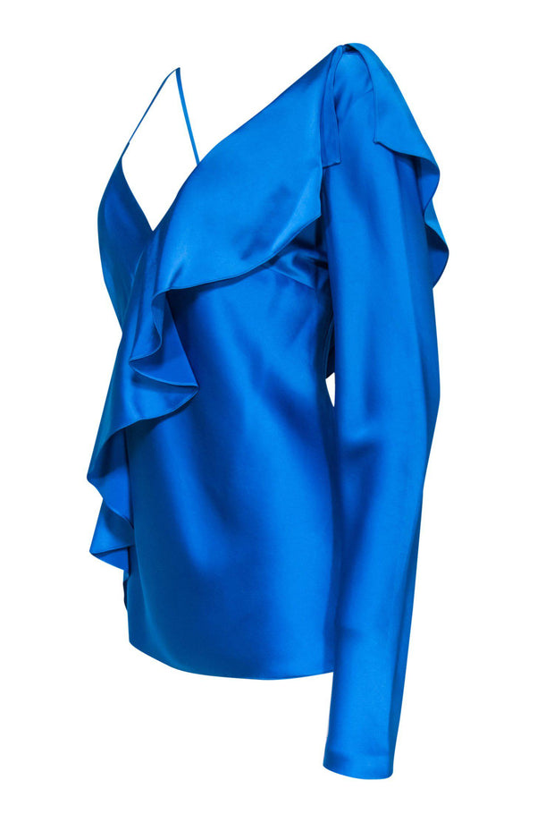 Current Boutique-Diane von Furstenberg - Bright Blue Satin One-Sleeve Ruffle Blouse Sz 14