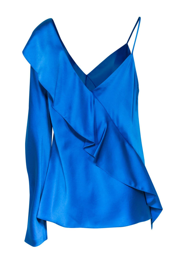 Current Boutique-Diane von Furstenberg - Bright Blue Satin One-Sleeve Ruffle Blouse Sz 14