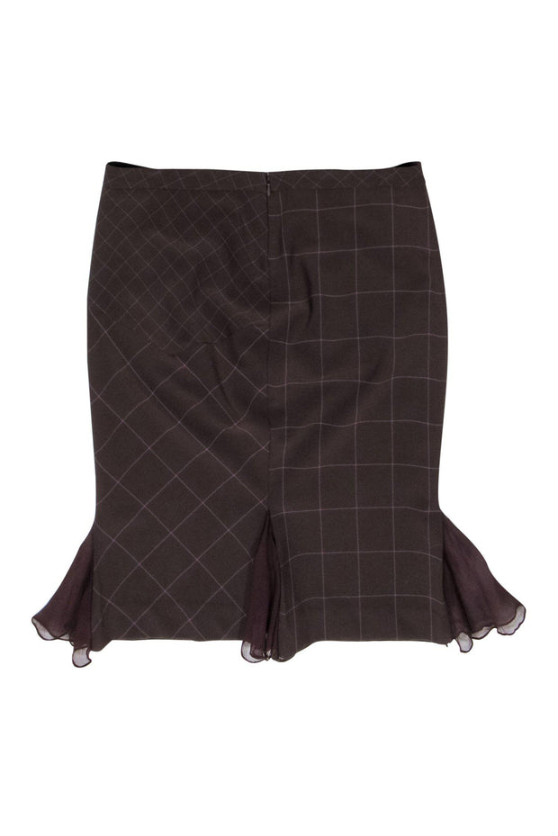 Current Boutique-Diane von Furstenberg - Brown & Purple Plaid Pencil Skirt w/ Flounce Hem Sz 6