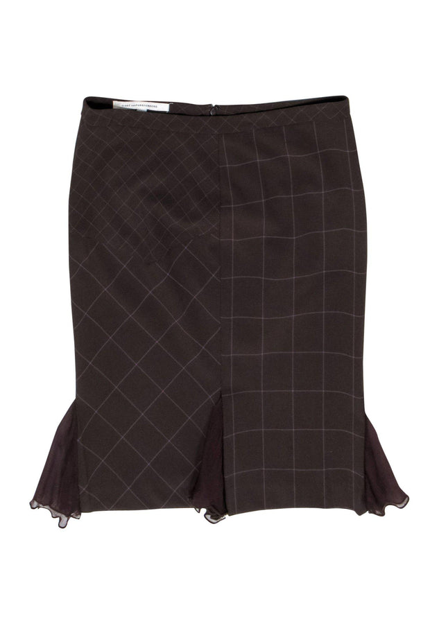 Current Boutique-Diane von Furstenberg - Brown & Purple Plaid Pencil Skirt w/ Flounce Hem Sz 6