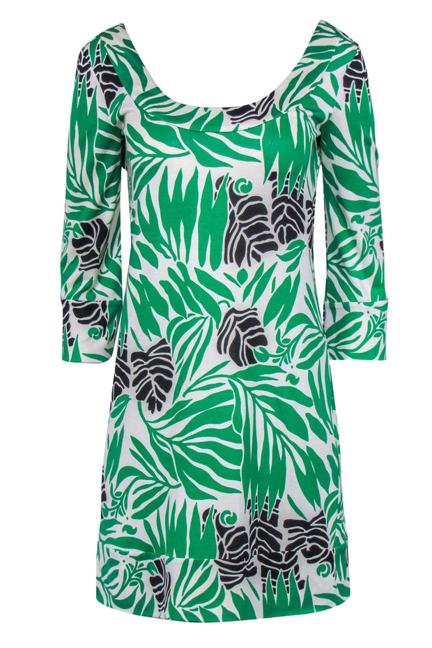 Current Boutique-Diane von Furstenberg - Cream, Green & Black Tropical Silk Printed Dress Sz 4