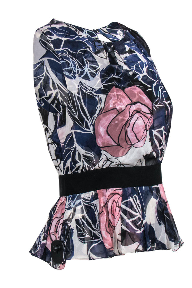 Current Boutique-Diane von Furstenberg - Dark Blue & Pink Floral Peplum Blouse Sz 8
