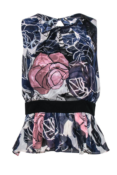 Current Boutique-Diane von Furstenberg - Dark Blue & Pink Floral Peplum Blouse Sz 8