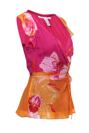 Current Boutique-Diane von Furstenberg - Fuchsia & Orange Floral Print Silk Wrap Blouse Sz 4