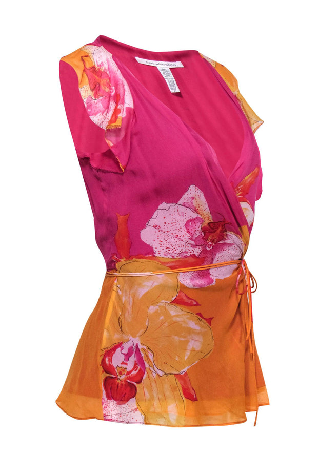 Current Boutique-Diane von Furstenberg - Fuchsia & Orange Floral Print Silk Wrap Blouse Sz 4