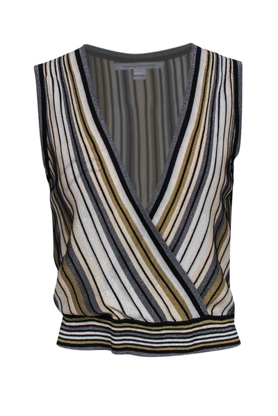 Current Boutique-Diane von Furstenberg - Gold, Black, & Grey Glitter Knit Surplice Top Sz P