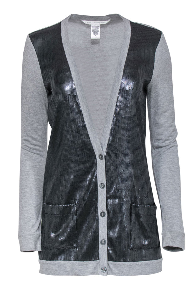 Current Boutique-Diane von Furstenberg - Gray Silk Blend Cardigan w/ Navy Sequins Sz S