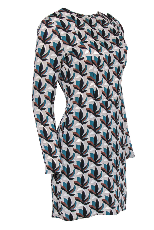 Current Boutique-Diane von Furstenberg - Gray & Teal Leaf Printed Silk Dress w/ Bow Sz 4