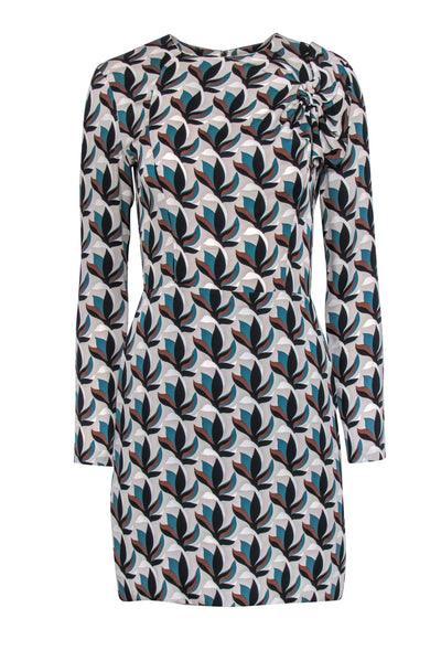 Current Boutique-Diane von Furstenberg - Gray & Teal Leaf Printed Silk Dress w/ Bow Sz 4