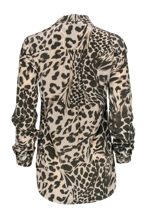 Current Boutique-Diane von Furstenberg - Green & Beige Leopard Print Long Sleeve Button-Up Blouse Sz 2