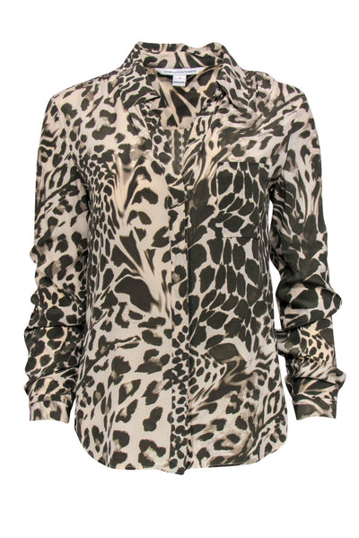 Current Boutique-Diane von Furstenberg - Green & Beige Leopard Print Long Sleeve Button-Up Blouse Sz 2