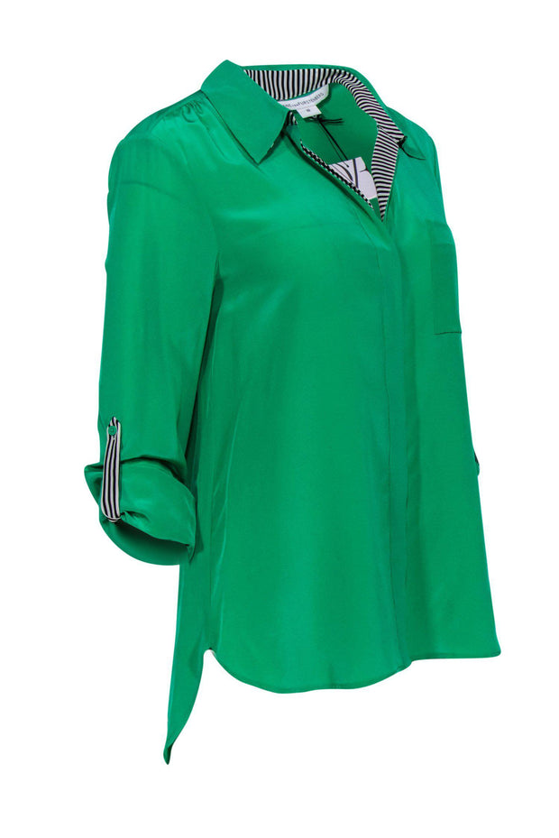 Current Boutique-Diane von Furstenberg - Green Button Down Blouse w/ Black & White Striped Trim Sz 10