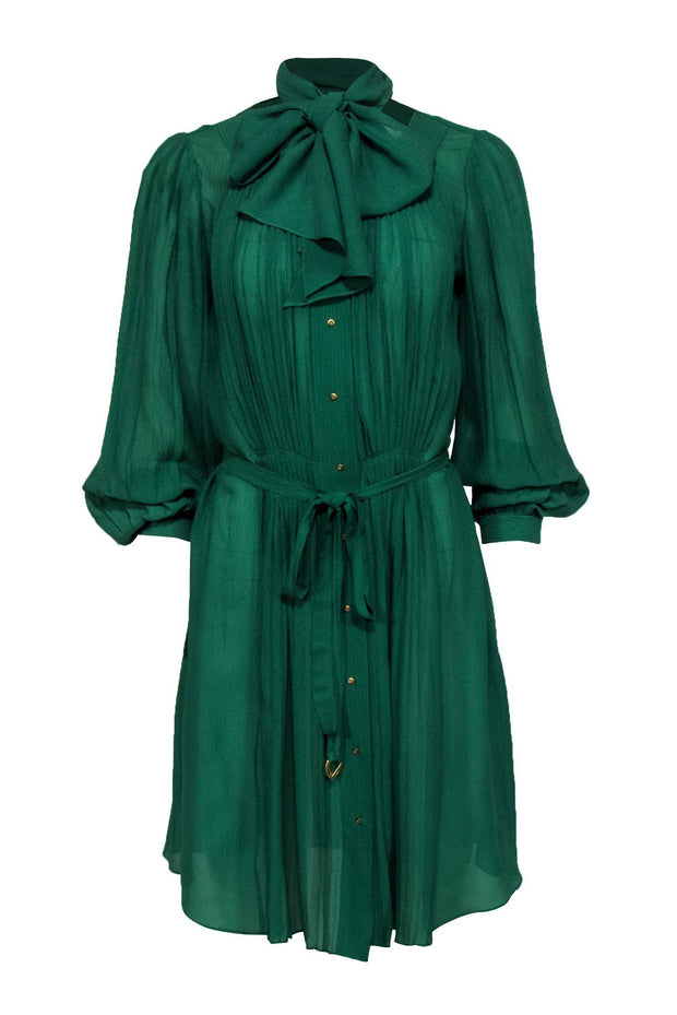 Current Boutique-Diane von Furstenberg - Green Long Sleeve Belted Button-Up Silk Dress w/ Pleating Sz 6