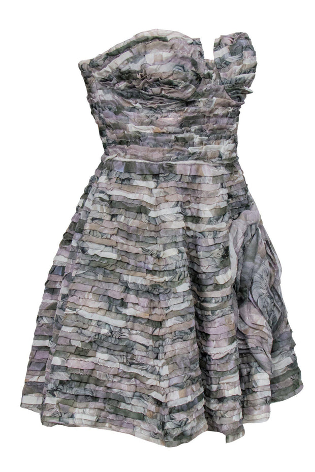 Current Boutique-Diane von Furstenberg - Green, Pink & Grey Ruffle Strapless Fit & Flare Dress w/ Rosette Sz 8