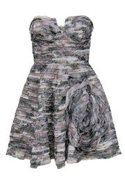 Current Boutique-Diane von Furstenberg - Green, Pink & Grey Ruffle Strapless Fit & Flare Dress w/ Rosette Sz 8