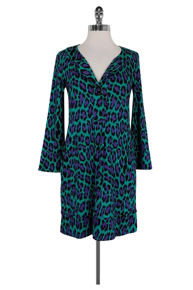 Current Boutique-Diane von Furstenberg - Green & Purple Animal Print Dress Sz 4