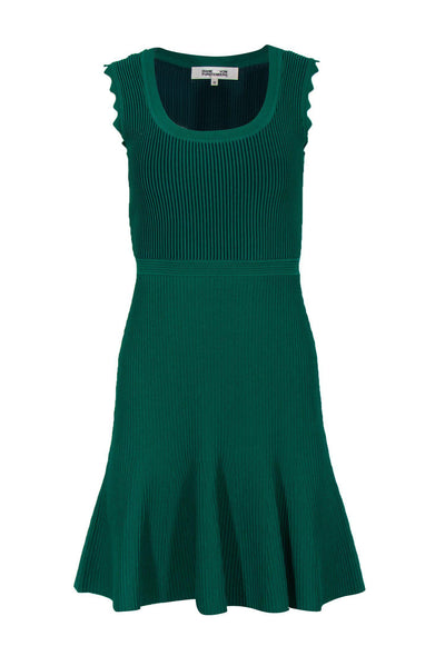 Current Boutique-Diane von Furstenberg - Green Ribbed Fit & Flare Scoop Neck Dress Sz XS