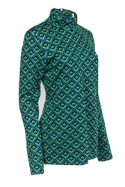 Current Boutique-Diane von Furstenberg - Green & Teal Geo Print Long Sleeve Mock Neck Sz L