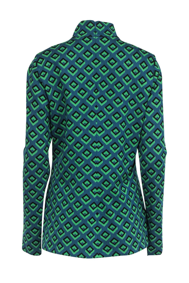 Current Boutique-Diane von Furstenberg - Green & Teal Geo Print Long Sleeve Mock Neck Sz L