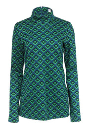 Current Boutique-Diane von Furstenberg - Green & Teal Geo Print Long Sleeve Mock Neck Sz L