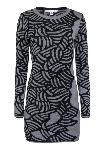 Current Boutique-Diane von Furstenberg - Grey & Black Abstract Print Fitted Wool Sweater Dress Sz 8