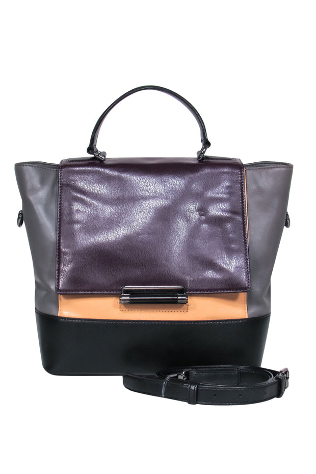 Current Boutique-Diane von Furstenberg - Grey, Black, Beige & Deep Purple Colorblocked Leather Convertible Satchel