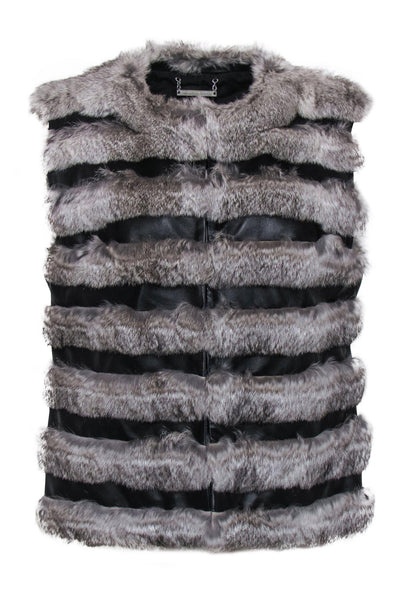 Current Boutique-Diane von Furstenberg - Grey & Black Leather & Rabbit Fur Clasped Vest Sz L