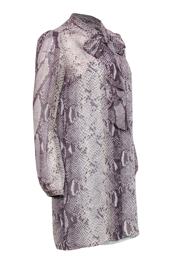 Current Boutique-Diane von Furstenberg - Grey Snakeskin Print Button-Up Silk Shift Dress w/ Neck Tie Sz 6