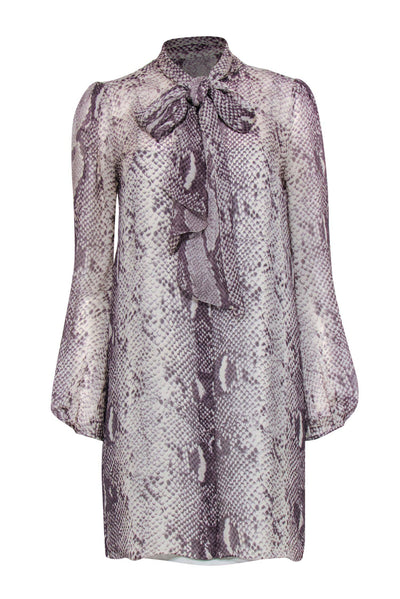 Current Boutique-Diane von Furstenberg - Grey Snakeskin Print Button-Up Silk Shift Dress w/ Neck Tie Sz 6