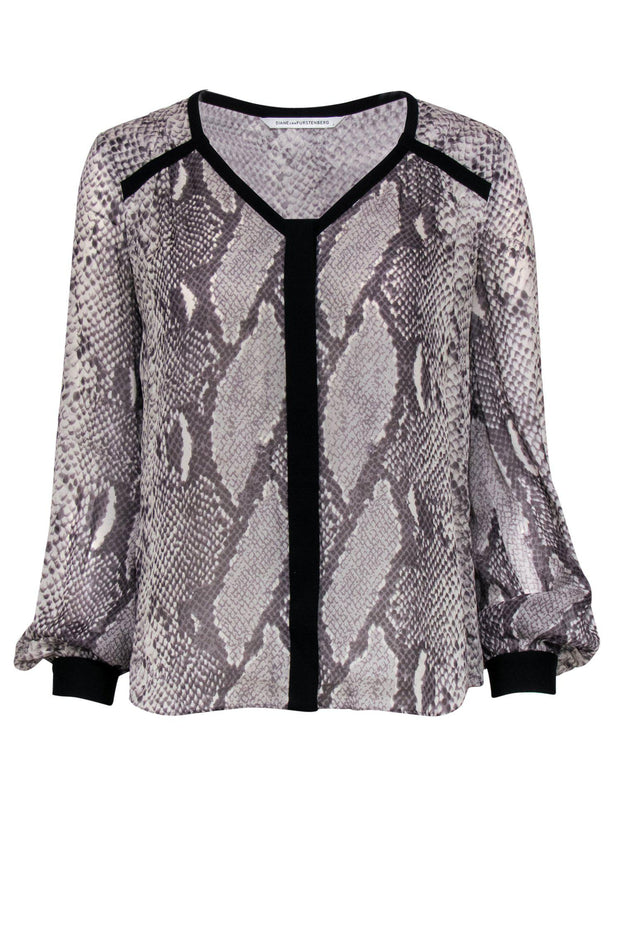 Current Boutique-Diane von Furstenberg - Grey Snakeskin Print Silk Long Sleeve Button-Up Blouse Sz S