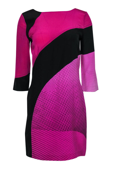 Current Boutique-Diane von Furstenberg - Hot Pink & Black Printed Silk Shift Dress Sz 6