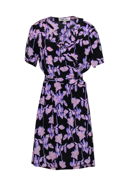 Current Boutique-Diane von Furstenberg - Lavender & Black Silk Floral Wrap Dress w/ Ruffles Details Sz L