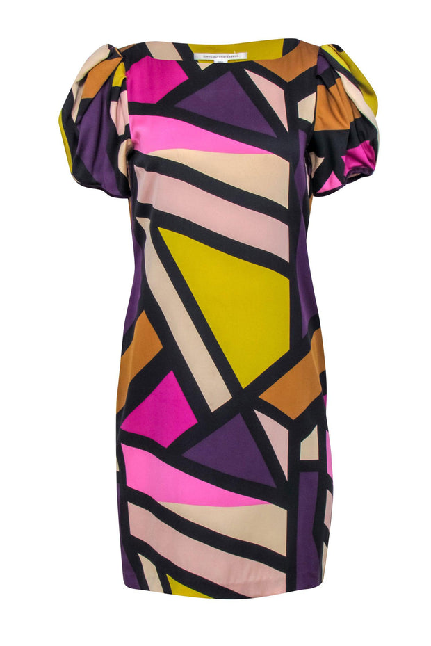 Current Boutique-Diane von Furstenberg - Multicolor Geo Print Gathered Short Sleeve Dress Sz 6
