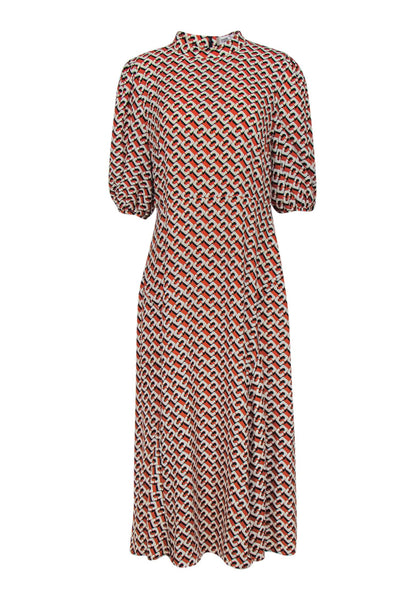 Current Boutique-Diane von Furstenberg - Mustard Chain Print Crepe Maxi Dress w/ Puff Sleeve Sz 14