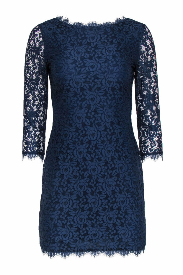 Current Boutique-Diane von Furstenberg - Navy Floral Lace Overlay Cocktail "Zarita" Dress Sz 0