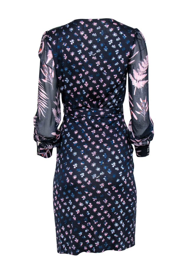 Current Boutique-Diane von Furstenberg - Navy Floral Silk Wrap Dress w/ Sheer Sleeves Sz 6