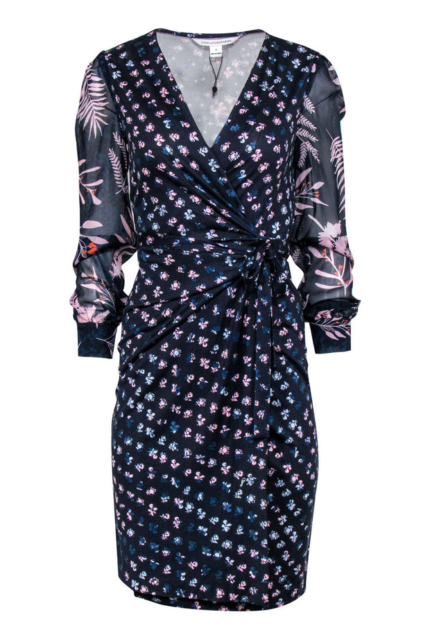 Current Boutique-Diane von Furstenberg - Navy Floral Silk Wrap Dress w/ Sheer Sleeves Sz 6