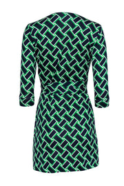 Current Boutique-Diane von Furstenberg - Navy, Green & White Print Quarter Sleeve Silk Wrap Dress Sz 2