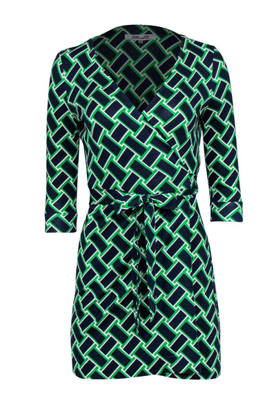 Current Boutique-Diane von Furstenberg - Navy, Green & White Print Quarter Sleeve Silk Wrap Dress Sz 2