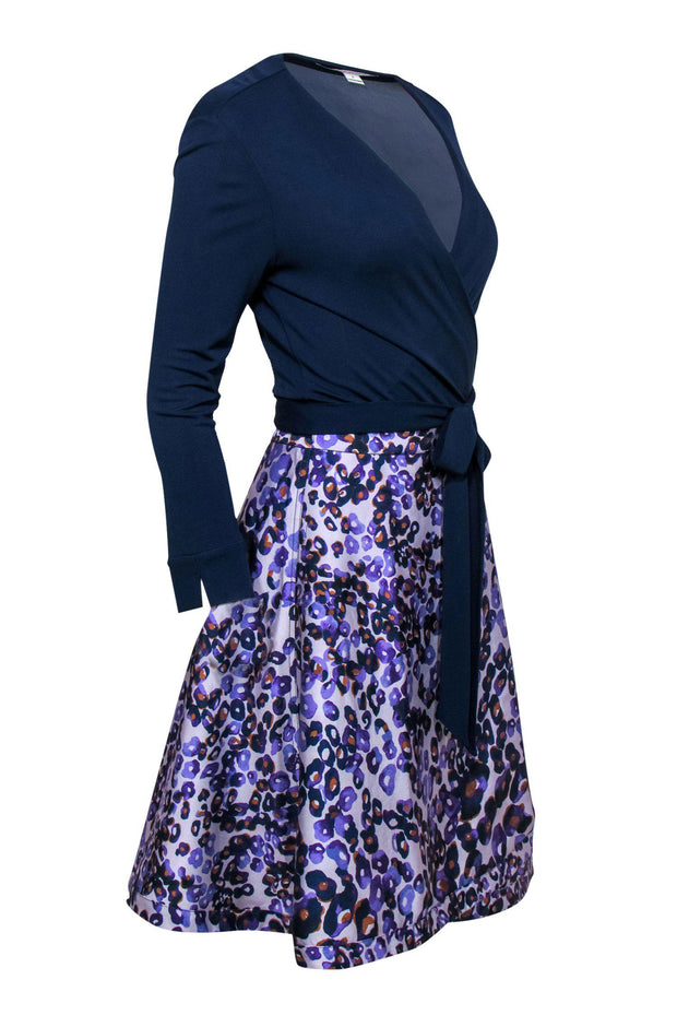 Current Boutique-Diane von Furstenberg - Navy & Purple Leopard Print Long Sleeve Wrap Dress Sz 8