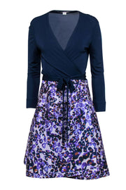 Current Boutique-Diane von Furstenberg - Navy & Purple Leopard Print Long Sleeve Wrap Dress Sz 8
