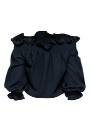 Current Boutique-Diane von Furstenberg - Navy Ruffle Long Sleeve Off-the-Shoulder Blouse Sz P