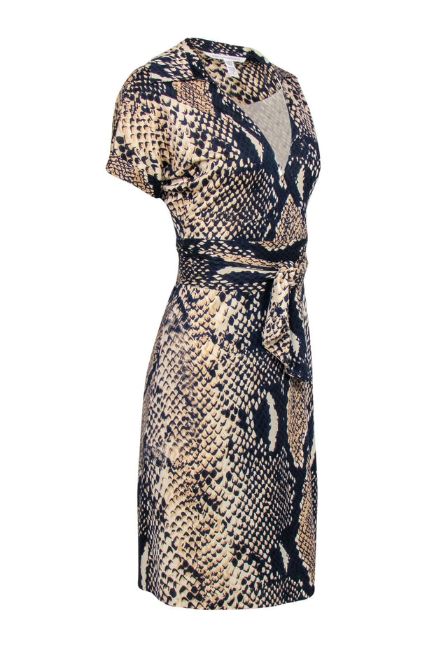Current Boutique-Diane von Furstenberg - Navy & Tan Snake Print Silk Wrap Dress Sz 4
