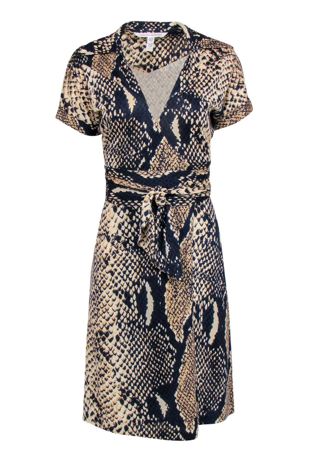 Current Boutique-Diane von Furstenberg - Navy & Tan Snake Print Silk Wrap Dress Sz 4